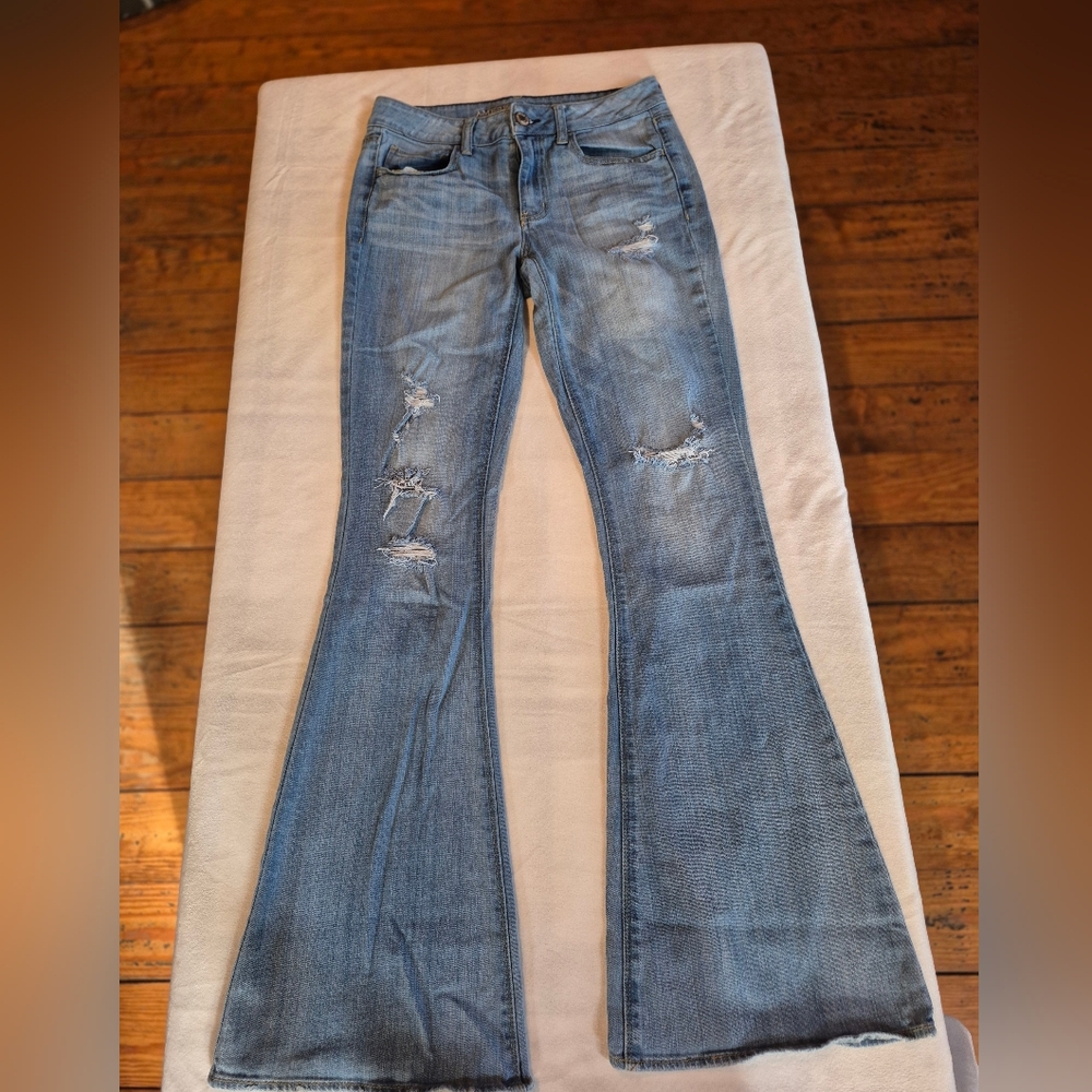American Eagle Outfitters Blue Distressed Flare Jeans